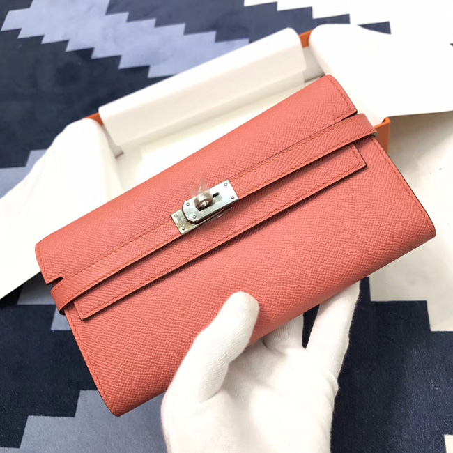 エルメス ケリーウォレットロング フラミンゴ ヴォーエプソン シルバー金具