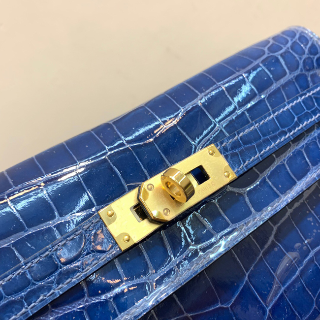 エルメス ケリーウォレットロング ブルーエレクトリック アリゲーター ゴールド金具