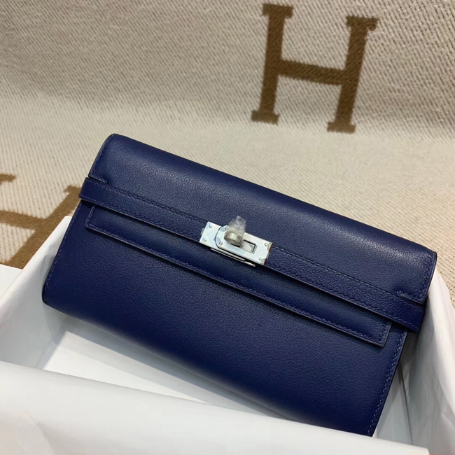 エルメス ケリーウォレットロング ブルートンペット シェブルミゾル シルバー金具