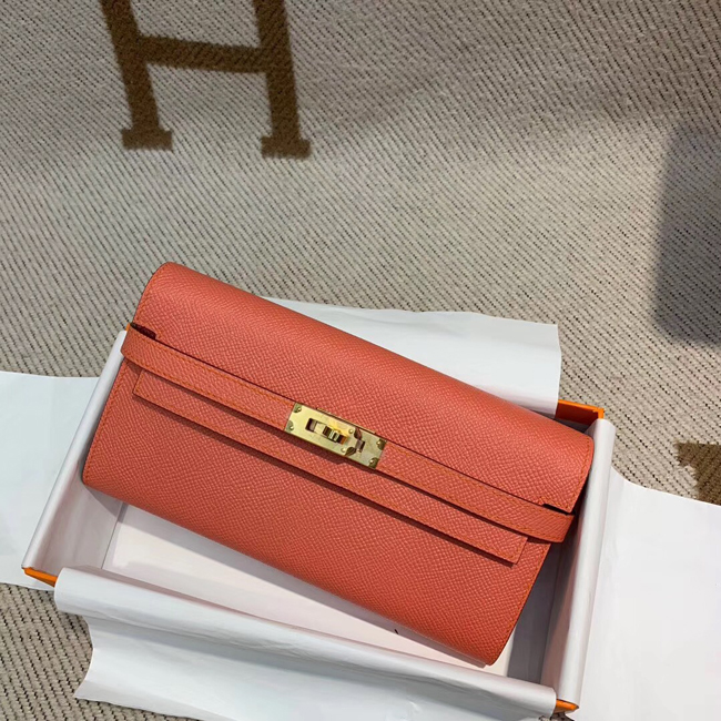 エルメス ケリーウォレットロング フラミンゴ ヴォーエプソン ゴールド金具