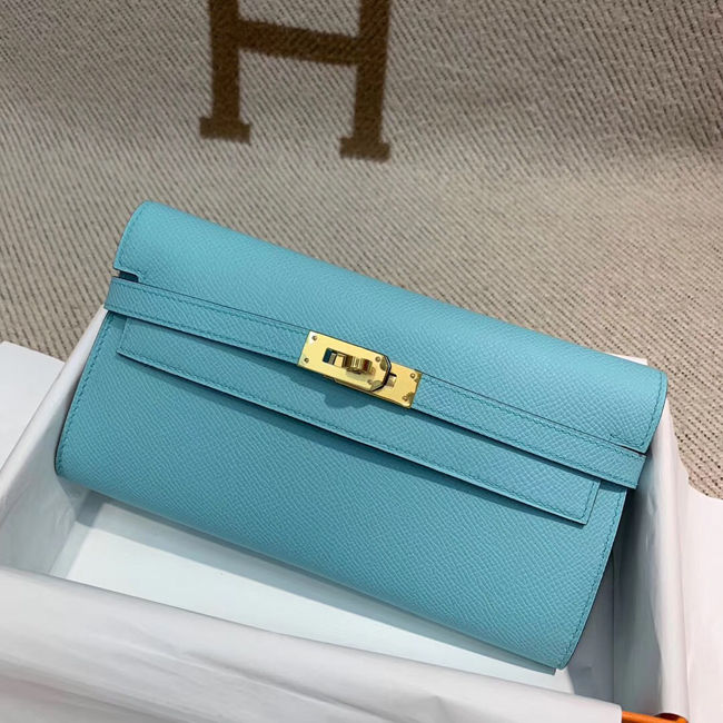 エルメス ケリーウォレットロング ブルーアトール ヴォーエプソン ゴールド金具