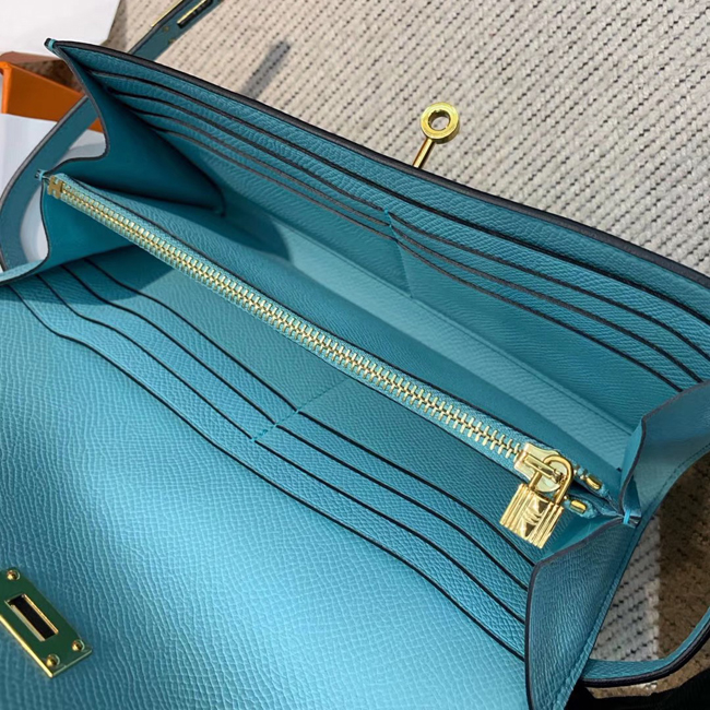 エルメス ケリーウォレットロング ブルーアトール ヴォーエプソン ゴールド金具