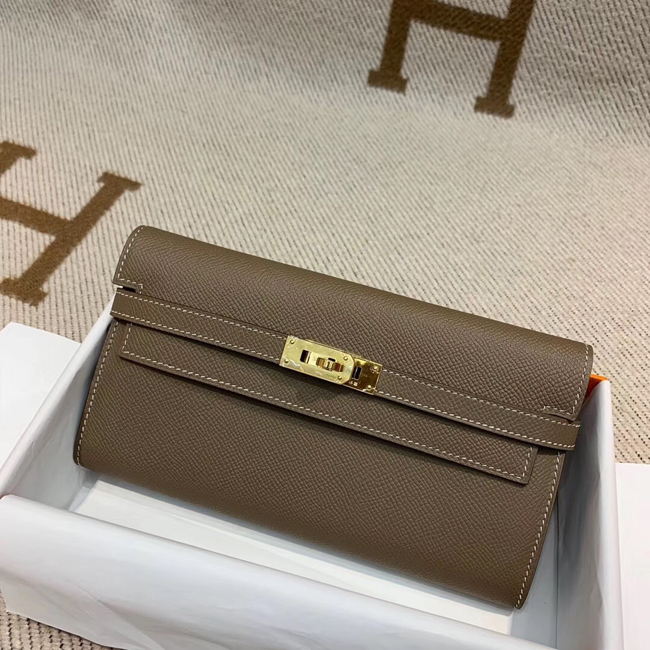 エルメス ケリーウォレットロング エトゥープ ヴォーエプソン ゴールド金具