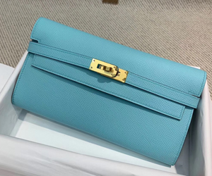 エルメス ケリーウォレットロング ブルーアトール ヴォーエプソン ゴールド金具