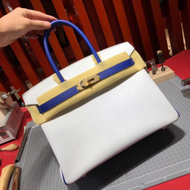 エルメス バーキン30 ホワイト/ブルーエレクトリック エプソン ゴールド金具