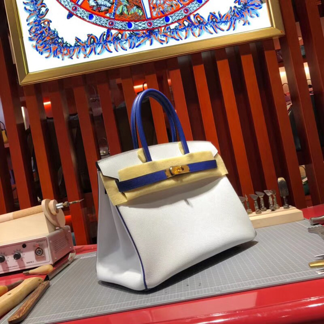 エルメス バーキン30 ホワイト/ブルーエレクトリック エプソン ゴールド金具