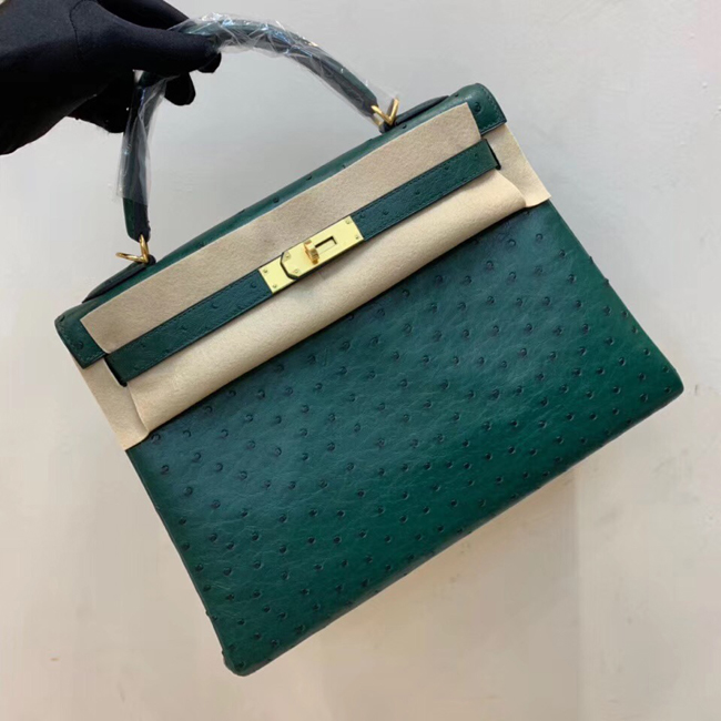 エルメス ケリー28 マラカイト オーストリッチ ゴールド金具