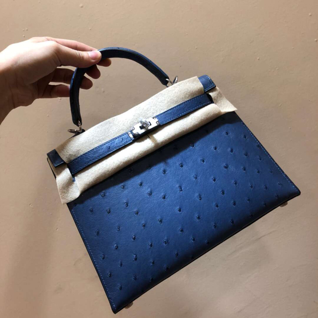 エルメス ケリー28 ブルートンペット オーストリッチ シルバー金具