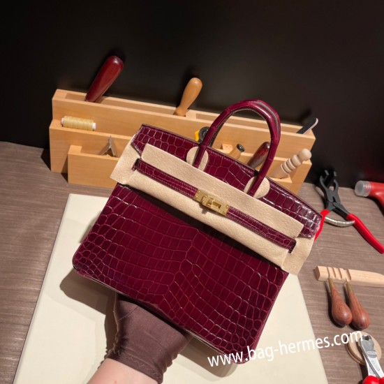 エルメスバーキン 25センチニロティカス Crocodile Niloticus57 Bordeaux ボルドーゴールド金具   全手縫いbirkin25-006