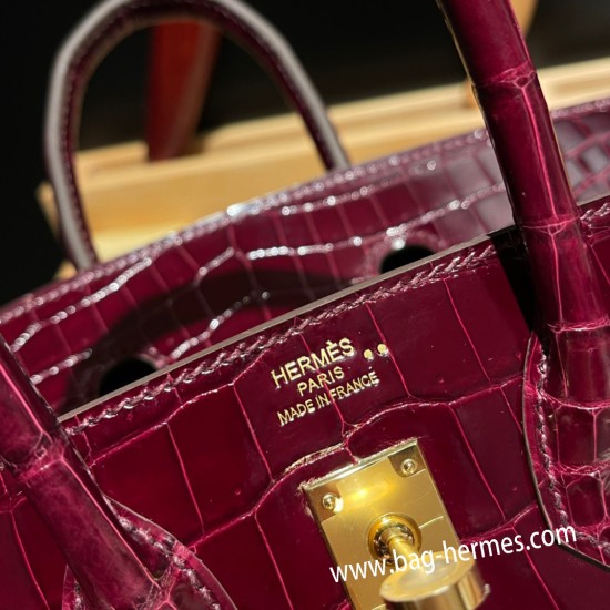 エルメスバーキン 25センチニロティカス Crocodile Niloticus57 Bordeaux ボルドーゴールド金具   全手縫いbirkin25-006