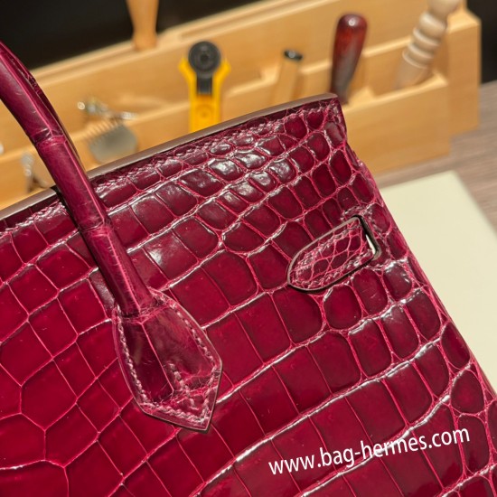 エルメスバーキン 25センチニロティカス Crocodile Niloticus57 Bordeaux ボルドーゴールド金具   全手縫いbirkin25-006