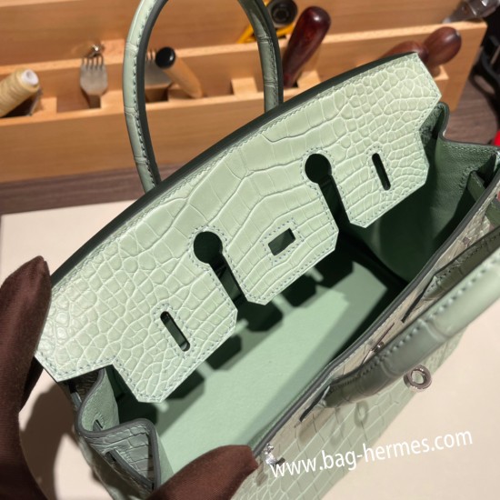 エルメスバーキン 25センチアリゲーターマット Alligator Crocodile 6u/vert deau  ヴェールドーシルバー金具 全手縫いbirkin25-012