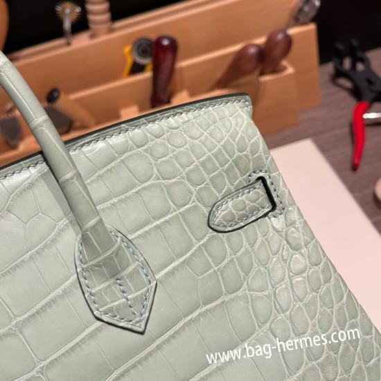 エルメスバーキン 25センチアリゲーターマット Alligator Crocodile 6u/vert deau  ヴェールドーシルバー金具 全手縫いbirkin25-012