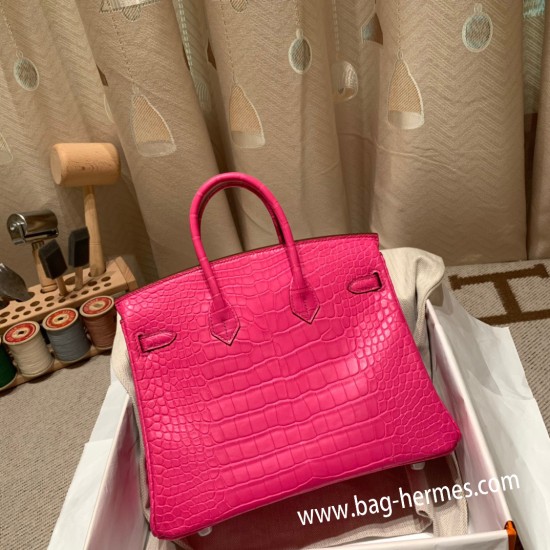 エルメスバーキン 25センチアリゲーターマット Alligator Crocodile 5R/Rose Shocking  ローズショッキングシルバー金具 全手縫いbirkin25-016