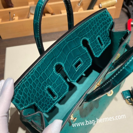 エルメスバーキン 25センチオーストリッチ Ostrich Z6/MalachiteマラカイトX 6Q Vert Emeraudeゴールド金具  全手縫いbirkin25-019