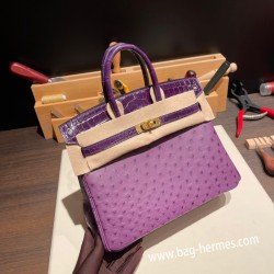 エルメスバーキン 25センチオーストリッチ Ostrich &Crocodile Anemone アネモネx カシスN5ゴールド金具  全手縫いbirkin25-020
