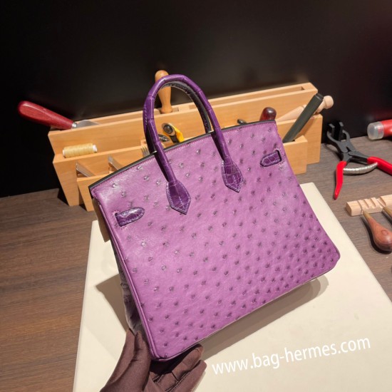 エルメスバーキン 25センチオーストリッチ Ostrich &Crocodile Anemone アネモネx カシスN5ゴールド金具  全手縫いbirkin25-020