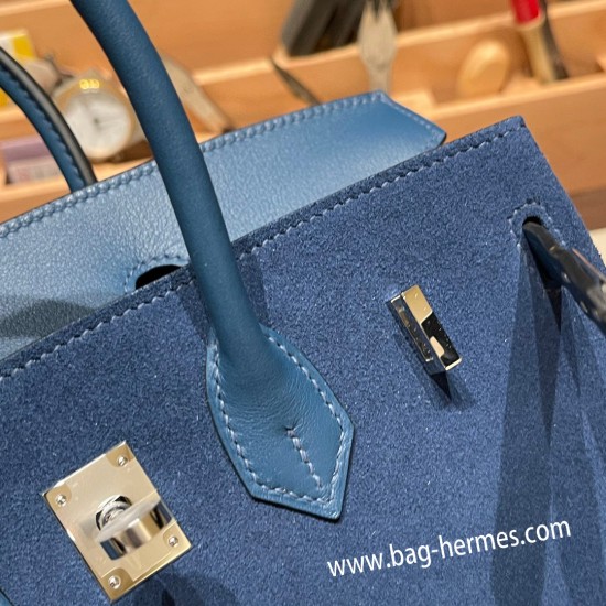 エルメスバーキン 25センチChamois 08 / bleu royal  ブルーロワイヤルシルバー金具 全手縫いbirkin25-022