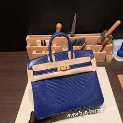 エルメスバーキン 25センチLizard リザードナチュラ73/Blue Saphir  ブルーサフィールゴールド金具  全手縫いbirkin25-030