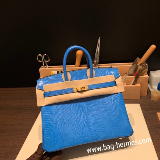 エルメスバーキン 25センチLizard リザードナチュラT7/Blue Hydra  ブルーイドラゴールド金具  全手縫いbirkin25-033