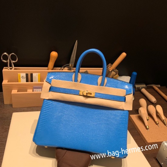 エルメスバーキン 25センチLizard リザードナチュラT7/Blue Hydra  ブルーイドラゴールド金具  全手縫いbirkin25-033