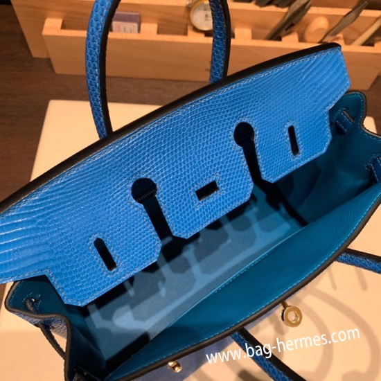 エルメスバーキン 25センチLizard リザードナチュラT7/Blue Hydra  ブルーイドラゴールド金具  全手縫いbirkin25-033