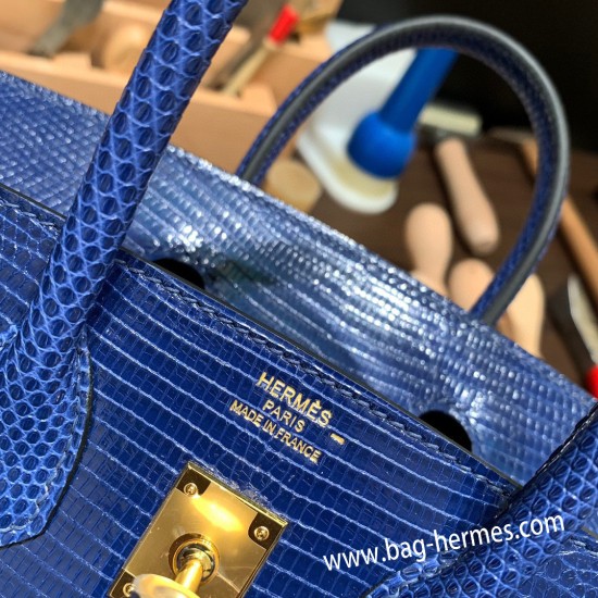 エルメスバーキン 25センチLizard リザードナチュラM3 /Blue Encre ブルーアンクルゴールド金具  全手縫いbirkin25-037