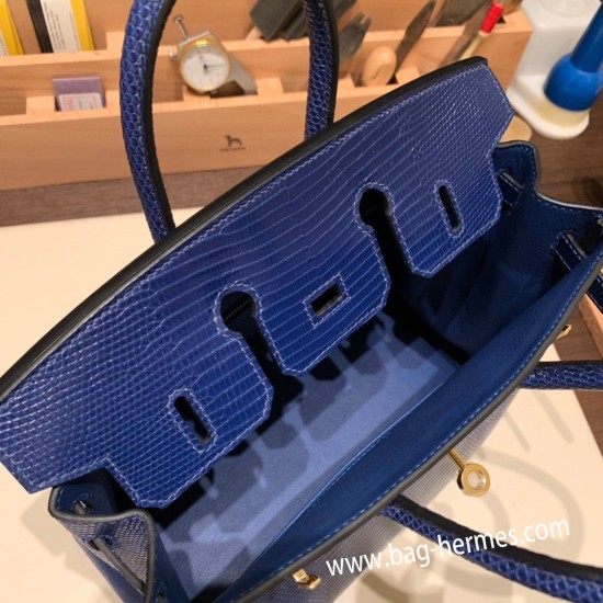 エルメスバーキン 25センチLizard リザードナチュラM3 /Blue Encre ブルーアンクルゴールド金具  全手縫いbirkin25-037