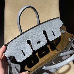 【エルメス】バーキン 25 Tc 革 J7 ブルーラン ×D0 ベージュドゥワイマール シルバー金具｜柔らかな質感と落ち着いたブルー × ベージュ ハイクラス日常バッグ