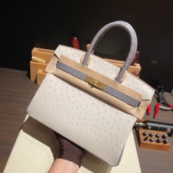 エルメスバーキン 30センチオーストリッチ Ostrich ベトン x ブルーアガットゴールド金具 birkin30-014 全手縫い