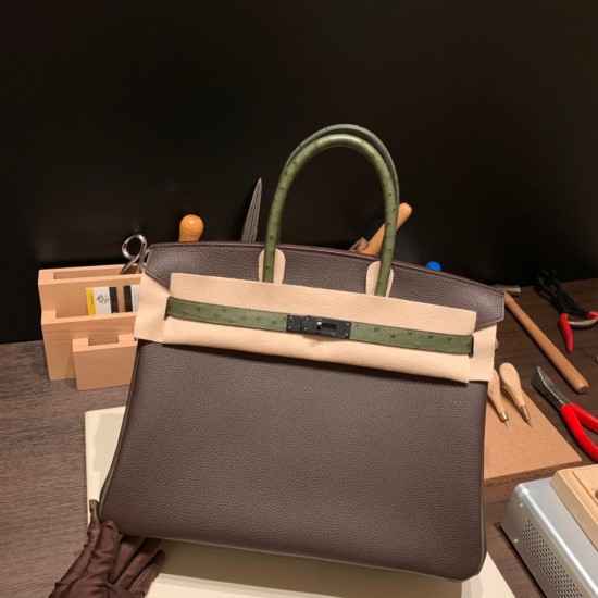 エルメスバーキン 35センチ togoトゴ & Ostrich  46/ Ebene& V6/ Canope エベーヌ x カノピ シルバー金具  birkin35-004 全手縫い