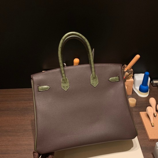 エルメスバーキン 35センチ togoトゴ & Ostrich  46/ Ebene& V6/ Canope エベーヌ x カノピ シルバー金具  birkin35-004 全手縫い