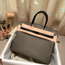 エルメスバーキン 35センチ togoトゴ  & chamois  8F/ Etain& 89 /Black エタン x ブラック So Black Hardware birkin35-009 全手縫い