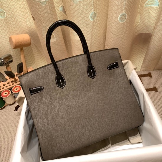 エルメスバーキン 35センチ togoトゴ  & chamois  8F/ Etain& 89 /Black エタン x ブラック So Black Hardware birkin35-009 全手縫い