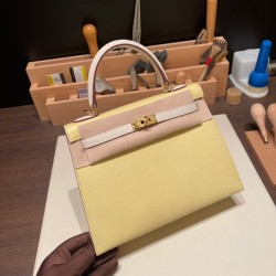 エルメス ケリー25cm 外縫い ヴォーエプソン Epsom  ジョーヌプッサン1Z/ Jaune Poussin & クレ10 /Craie  ゴールド金具  kelly25-097 全手縫い