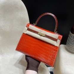 25cm 新出荷 ケリー 25 つやありナイルワニ（Nilo）レザー 8V/Orange Poppy  オレンジポピー & 33/miel  ミールゴールド金具