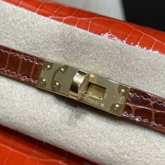 25cm 新出荷 ケリー 25 つやありナイルワニ（Nilo）レザー 8V/Orange Poppy  オレンジポピー & 33/miel  ミールゴールド金具