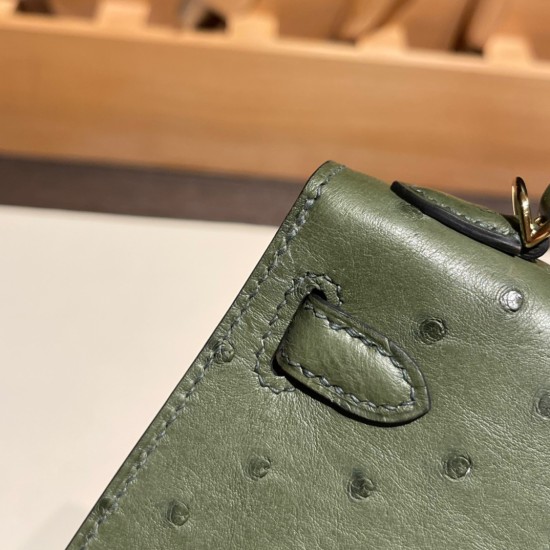 エルメスケリーミニ Kelly bag miniMini Kelly New stock  オーストリッチ ostrich カノピ V6/ /Canope & ヴェールマキ G8 /Vert Maquis ゴールド金具 kellymini-024 全手縫い