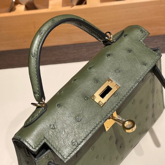 エルメスケリーミニ Kelly bag miniMini Kelly New stock  オーストリッチ ostrich カノピ V6/ /Canope & ヴェールマキ G8 /Vert Maquis ゴールド金具 kellymini-024 全手縫い