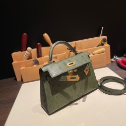 エルメスケリーミニ Kelly bag miniMini Kelly New stock  オーストリッチ ostrich カノピ V6/ /Canope & ヴェールマキ G8 /Vert Maquis ゴールド金具 kellymini-024 全手縫い