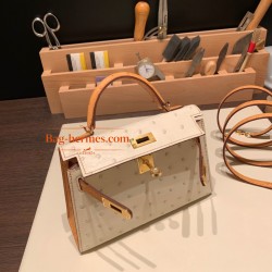 ケリーミニ Kelly bag miniMini Kelly New stock  オーストリッチ ostrich パルシュマン 3C /Parchemin ゴールド金具 kellymini-026 全手縫い