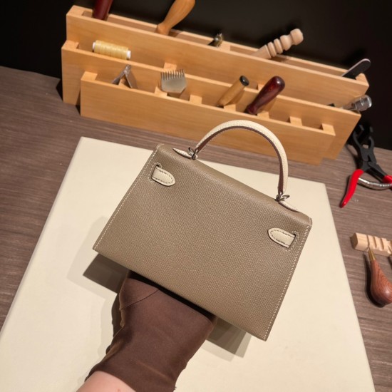 エルメスケリーミニ Kelly bag miniMini Kelly New stock  ヴォーエプソン Epsom グリエレファント 8C /Elephant Grey & クレ 10/ Craie シルバー金具 kellymini-068 全手縫い