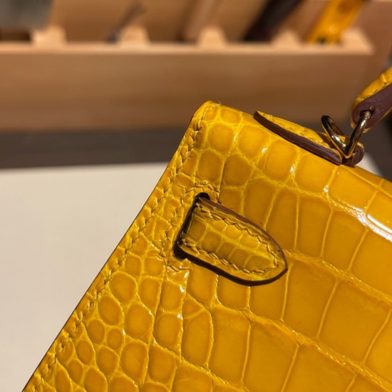 エルメスケリーミニ Kelly bag miniMini Kelly New stock  Alligateor Crocodile ジョーヌアンブル 9D /Jaune Ambre ゴールド金具 kellymini-099 全手縫い