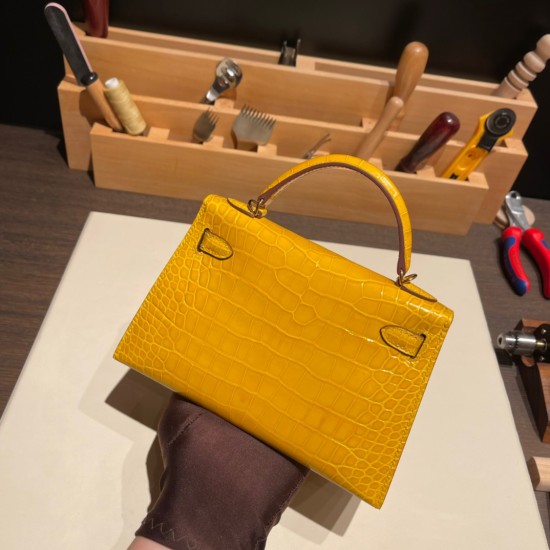 エルメスケリーミニ Kelly bag miniMini Kelly New stock  Alligateor Crocodile ジョーヌアンブル 9D /Jaune Ambre ゴールド金具 kellymini-099 全手縫い