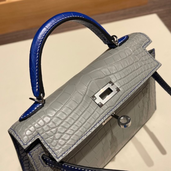 エルメスケリーミニ Kelly bag miniMini Kelly New stock  Alligateor パールグレー 80/ Pearl Grey& ブルーエレクトリック7T /Blue Electric シルバー金具 kellymini-101 全手縫い