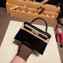 エルメスケリーミニ Kelly bag miniMini Kelly New stock  Alligateor ブラック 89/ Black (Noir) シルバー金具 kellymini-102 全手縫い