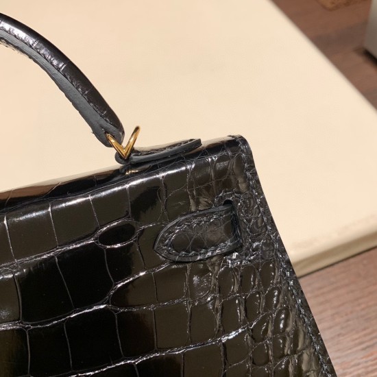 エルメスケリーミニ Kelly bag miniMini Kelly New stock  Alligateor crocodile ブラック 89 /Black (Noir) ゴールド金具 kellymini-105 全手縫い