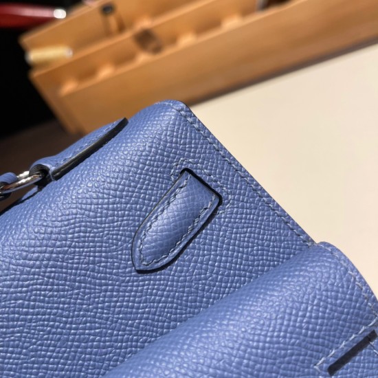 エルメス両面ケリー 不規則なデザイン ヴォーエプソン 7E/Blue Brighton  ブルーブライトン シルバー金具  kelly-new-007 全手縫い