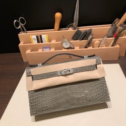 エルメス ポシェットケリー kelly pochette  Alligateor トゥルティエールグレー 81 /Gris Tourterelle シルバー金具 Pochette--001 全手縫い