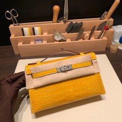 エルメス ポシェットケリー kelly pochette  Alligateor ジョーヌアンブル 9D /Jaune Ambre シルバー金具 Pochette--002 全手縫い